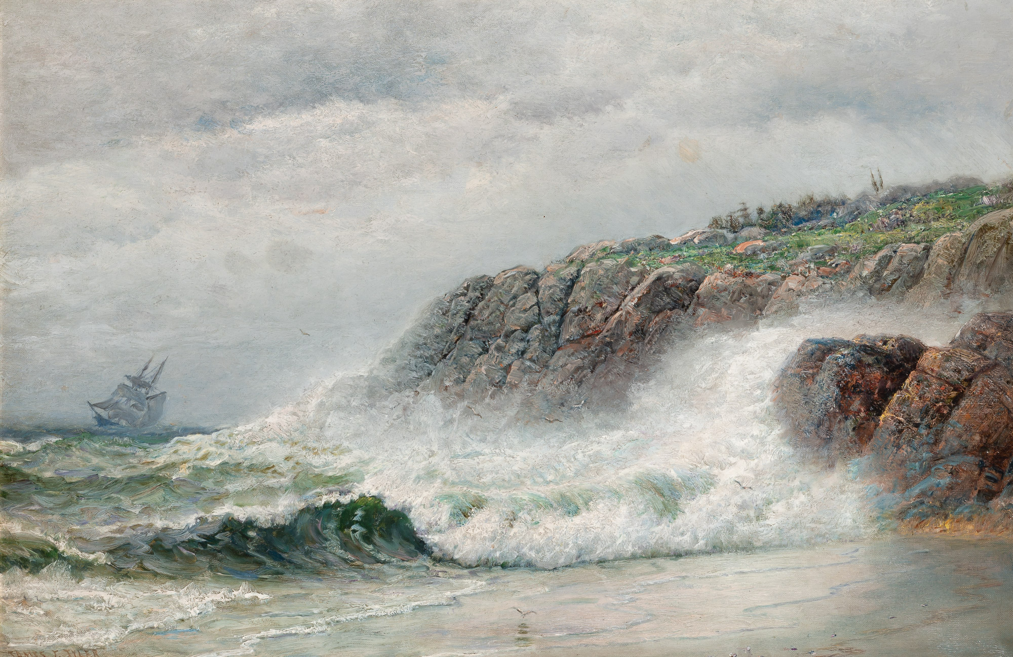 painting of a Rocky Coastal Scene with Crashing Waves by James Gale Tyler